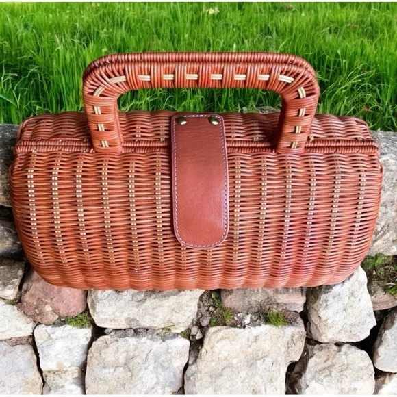 MAXX NEW YORK CORAL-ORANGE RATTAN SATCHEL WITH LEATHER TRIM - Picture 4 of 10